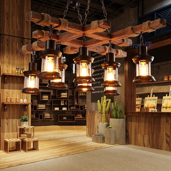 8-Light Rustic Country Chandelier Wood Pendant Lamp Industrial Ceiling Lamp for Homes, Bookstores, Cafes