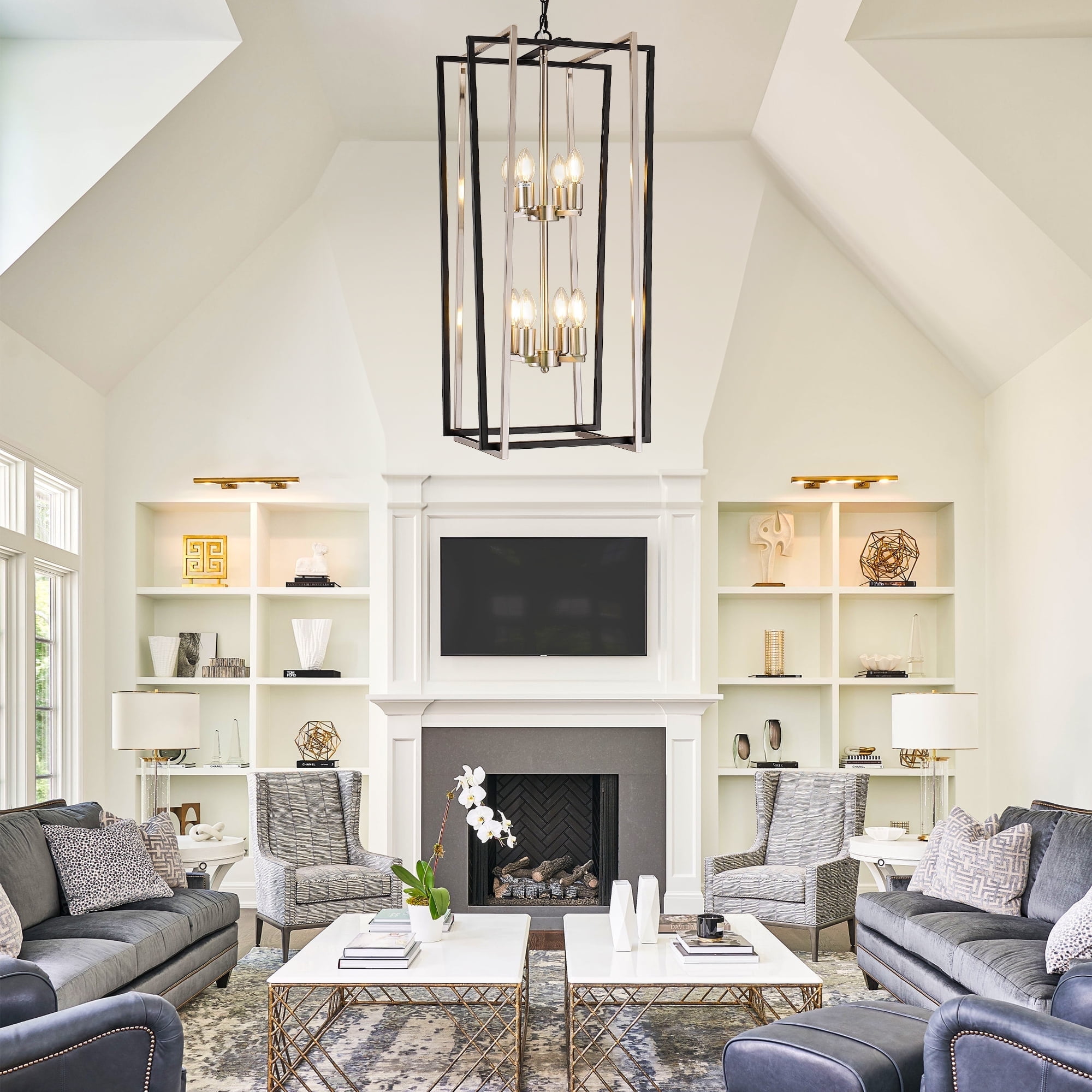 8-Light Silver Farmhouse Lantern Pendant Lighting Fixtures Industrial Geometric Hanging Pendant Light Chandelier E12 Socket