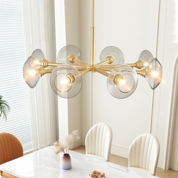 8-Light Sputnik Chandelier, 35.8 Inch Mid-Century Pendant with Glass Shades, Adjustable, Gold