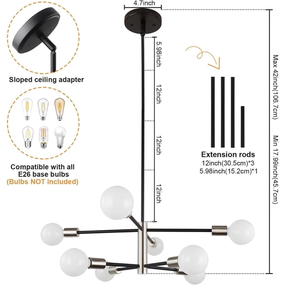 8 Light Sputnik Chandeliers for Dining Room, 42 Inch Modern Light Fixture Over Table, Height Adjustable Farmhouse Chandelier for Bedroom, Living Room, E26 Socket (Bulb Not Included)