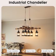 8-Light Vintage Industrial Pendant Chandelier, Adjustable Wood Glass Hanging Light for Kitchen Island Dining Room Bar