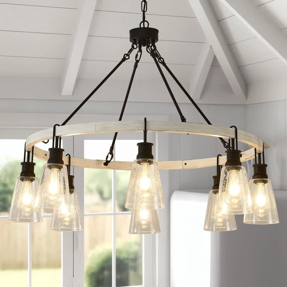 8 Light Wagon Wheel Chandelier Farmhouse Rustic Pendant Light with Seeded Glass Shade for Dining Room Living Room