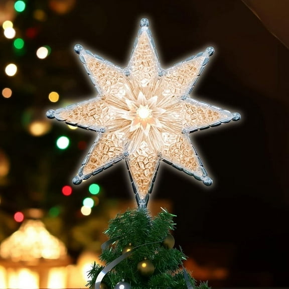 8" Lighted Double-Sided Star Tree Topper, 8-Point Star Xmas Tree Topper with 10 Clear Warm Lights, 120V UL Certified Tree top for Christmas Tree Ornament Party Home Decor