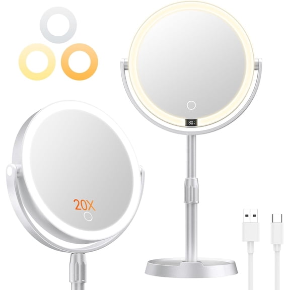 8" Lighted Makeup Mirror with Lights and Magnification, 20X Magnifying Mirror with Light for Makeup Desk, Height Adjustable and Digital Display, Shaving Mirror for Bathroom, Gifts for Women