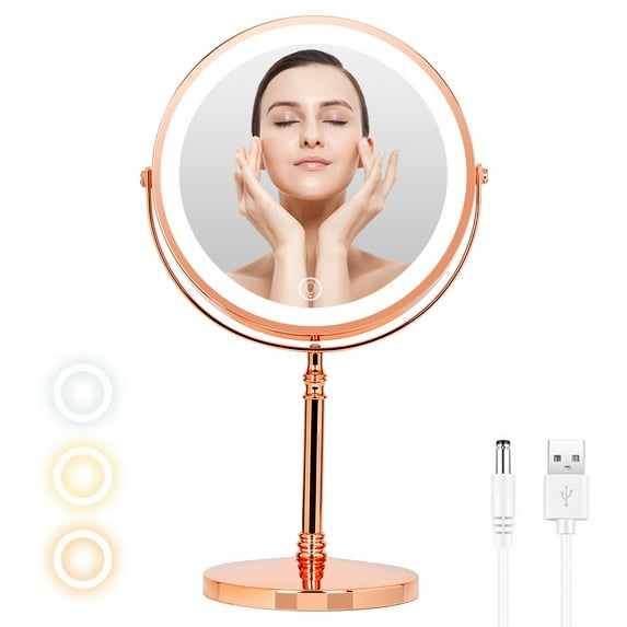 8" Lighted Makeup Mirror, Rechargeable Double Sided 1X/10X Magnifying Vanity Mirror with 54 LED Lights & 3 Color Adjustable, Touch Sensor Dimming, 360 Swivel Cosmetic Mirror, Rose Gold