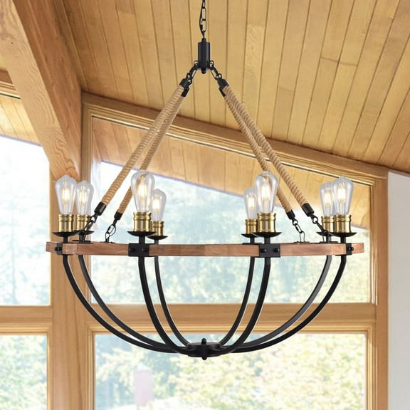 8 Lights Farmhouse Wagon Wheel Light Fixture, 38''Rustic Light Fixtures,Wood Round Chandeliers for Living Dining Room Entryway Foyer