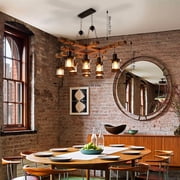 8 Lights Industrial Wooden Hanging Lighting Metal Chandelier Farmhouse Vintage Pendant Lamp Glass Lampshade for Pool Table Kitchen Island Bar Retro Ceiling Light Height Adjustable Fixture
