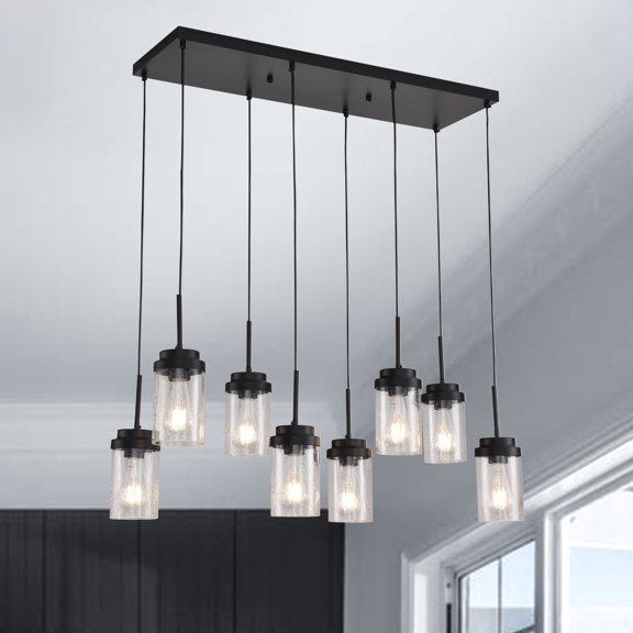 8 Lights Kitchen Island Lighting,Modern Black Linear Chandeliers,Dining Room Light Fixtures with Clear Glass Shade,Farmhouse Chandelier for Dining Room