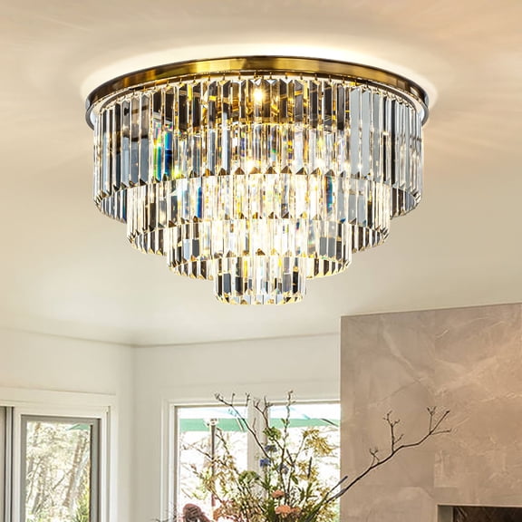 8-Lights Mid-Century Modern Antique Gold 4-Tier Round Fringe Crystal Flush Mount