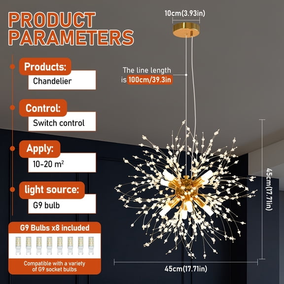 8 Lights Modern Crystal Golden Chandelier | Fireworks Dandelion Design for Dining Room, Bedroom, Kitchen, Living Room, Semi Flush Mount, Adjustable Color Temperature, Dimmable, Bulb Included