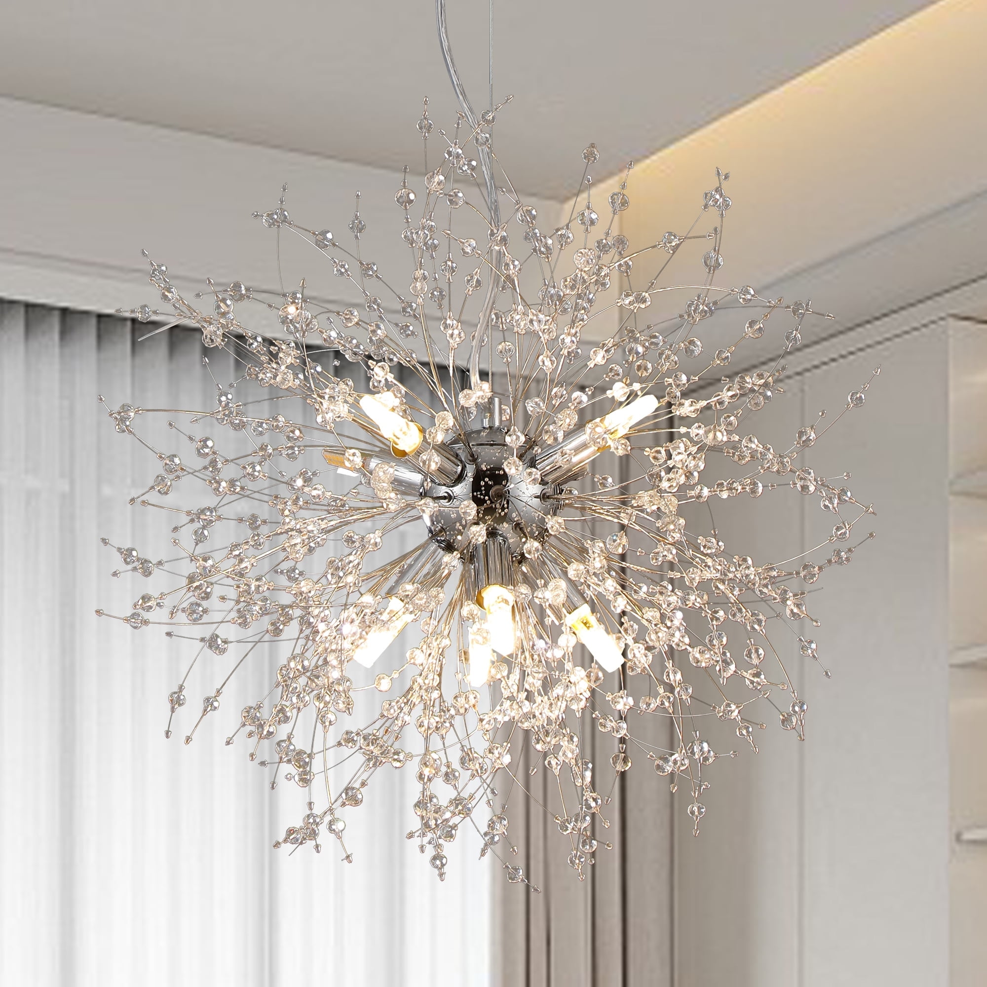 8-Lights Small Chrome Chandelier, Modern Round Crystal Pendant Lighting Ceiling, Sputnik Dandelion Hanging Lamp for Entryway Bedroom Dining Room