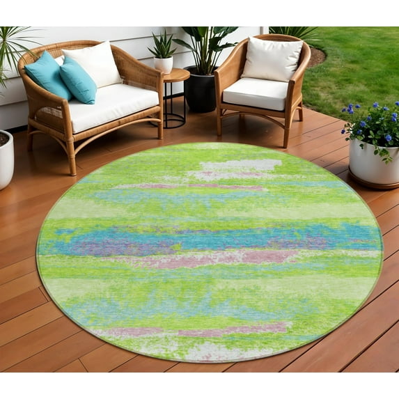 HomeRoots 612517 8 ft. Lime Green & Sky Blue Round Abstract Washable Indoor & Outdoor Area Rug