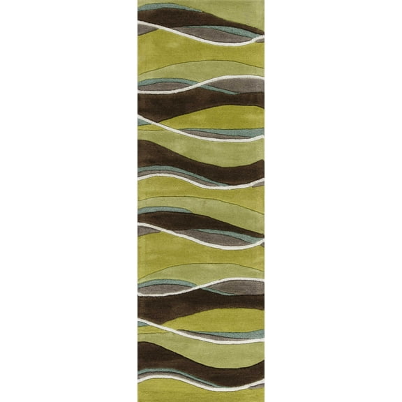8' Lime Mocha Hand Tufted Abstract Waves Indoor Runner Rug