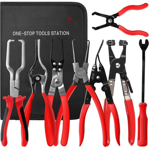 8- Line Disconnect Tool Set - Line/Hose Clamp/Removal Pliers, Electrical Disconnect/Push Pin Tools, Relay Puller, Panel Clip Remover & Filter Caliper
