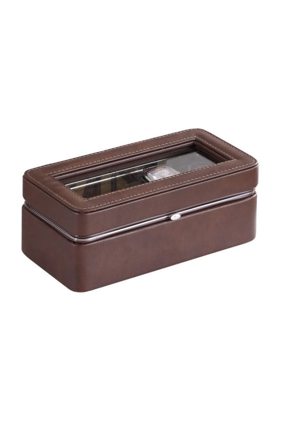 8" Long Tempered Glass And Leather 4-Slot Watch Display Case, Brown