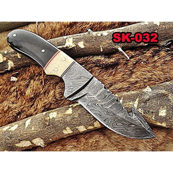 8" Long gut hook skinning Knife, hand forged twit pattern Damascus steel full tang blade, Bull horn and camel bone scale with Damascus bolster, cow leather sheath included