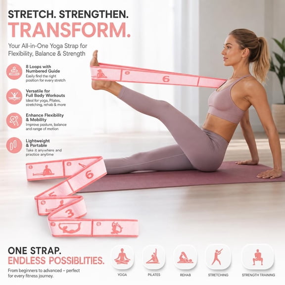 8-Loop Stretch Strap for Yoga Pilates, 85cm Elastic Resistance Band with Numbered Sections for Leg Stretching, Physical Therapy Rehabilitation Tool