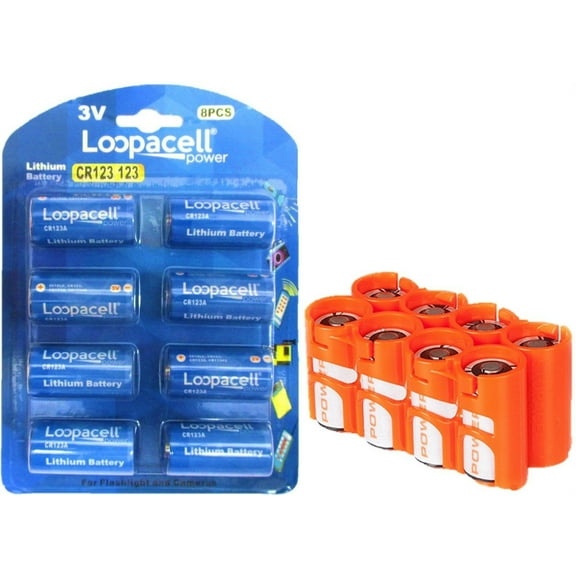 8 Loopacell 123 CR123A Lithium Batteries for Flashlight and Cameras - With Holder