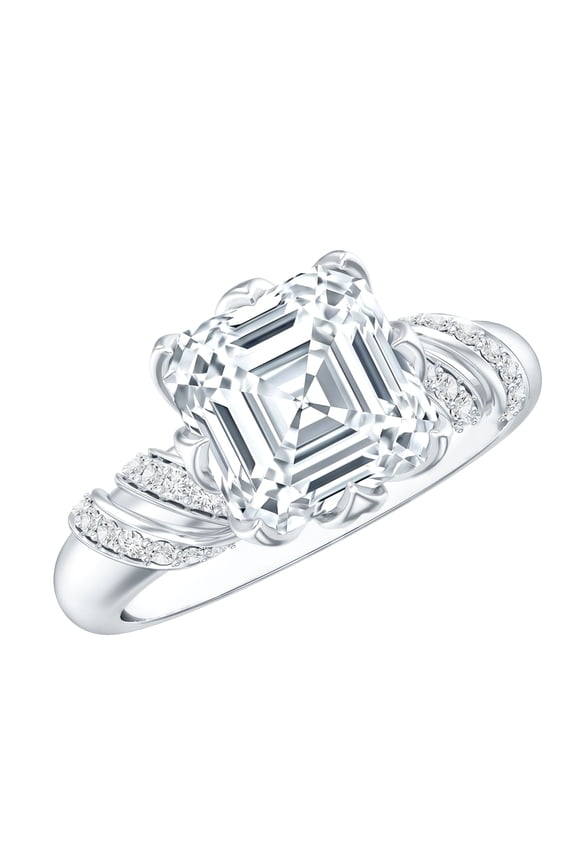 Certified Asscher Cut Moissanite Solitaire Engagement Ring in Petal Prong Setting, 10K White Gold, US 5.00