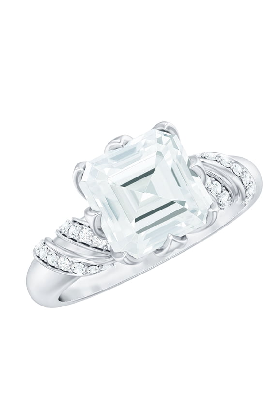 8 MM Asscher Cut Moissanite Solitaire Engagement Ring in Petal Prong Setting, 10K White Gold, US 5.00