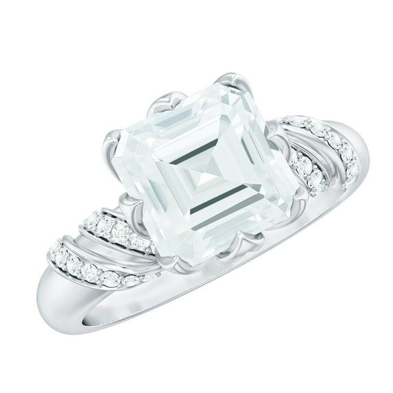 Rosec Jewels 8 MM Asscher Cut Moissanite Solitaire Engagement Ring in Petal Prong Setting, 10K White Gold, US 6.00
