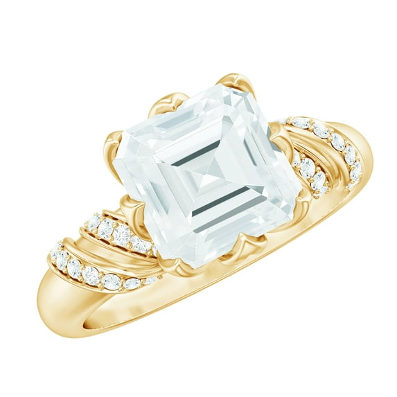Rosec Jewels 8 MM Asscher Cut Moissanite Solitaire Engagement Ring in Petal Prong Setting, 18K Yellow Gold, US 6.50