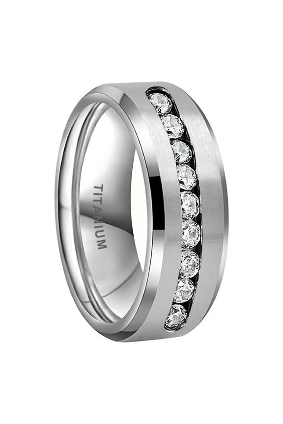 8 MM Men's Titanium ring wedding band with 9 large Channel Set Cubic Zirconia CZ