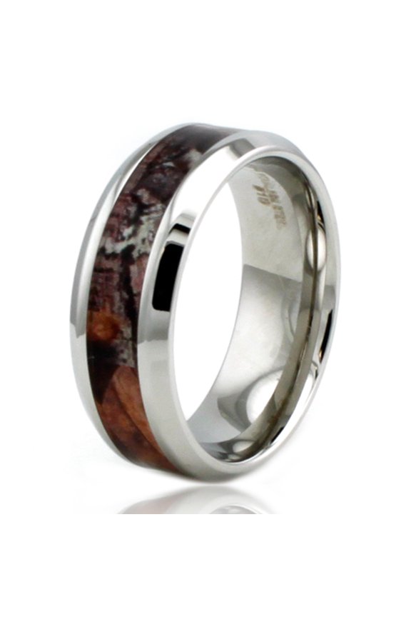 8 MM Stainless Steel Wood Camouflage Beveled Edge Wedding Band Ring