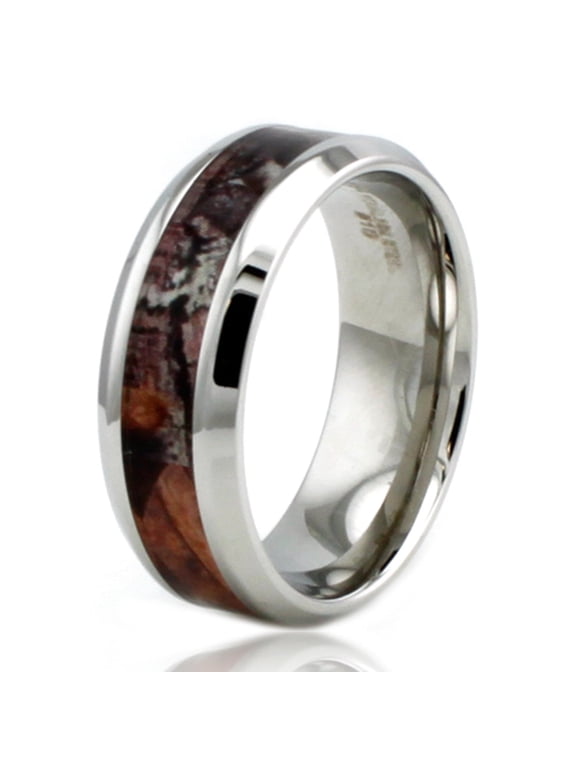8 MM Tioneer Stainless Steel Wood Camouflage Beveled Edge Wedding Band Ring