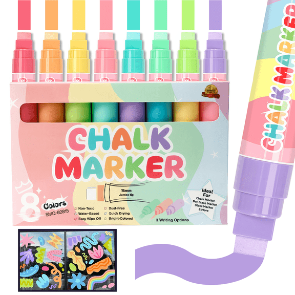 8 Macaron Colors Window Chalk Markers for Cars Washable - 15mm Jumbo Liquid Chalk Markers with Thick Tips, Dry Erase Markers for Blackboard, Glass, Auto, Bistro, Mirror, Poster, Business