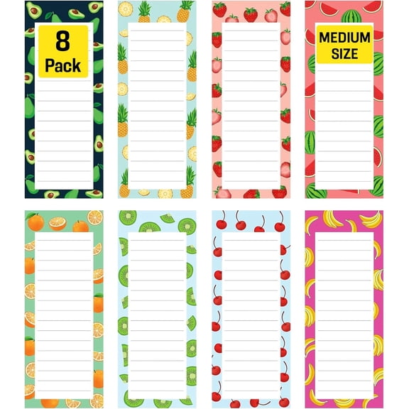 8 Magnetic Notepads Notepads for Grocery List, Shopping List, To-Do List, Reminders -Strong Magnetic Back- Memo Notepad with Realistic Fruit Designs | 25 Sheets per Pad 7.5 x 3.5 inch (8 Pack)