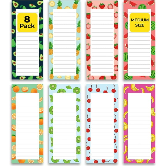 8 Magnetic Notepads - Notepads for Shopping Lists, Grocery Lists, To Do Lists, Reminders - Strong Magnetic Back - Memo Notepads with Realistic Fruit Patterns | 25 Sheets per Notepad, 7.5 x 3.5 Inches