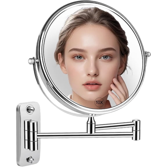8'' Makeup Mirror Wall Mounted, Wall Mounted Makeup Mirror with 1X/10X Magnifying Mirror 360° Swivel Extendable Adjustable Arm Extendable Mirrors for Bathroom, Chrome (No Light)