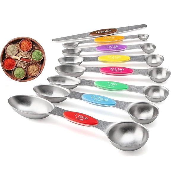 8- Measuring Spoons Set with Leveler - Stainless Steel for Measuring Dry and Liquid Ingredients, Double Ended, Stackable & Nested Fits in Kitchen Jars for Baking & Cooking