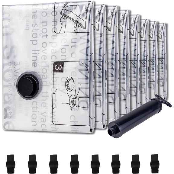 8 Medium Vacuum Storage Seal Bags, Space Saver Bags with Travel Hand Pump, Compression Airtight Sealer Bags for Clothes, Bedding, Pillows, Comforters, Blankets