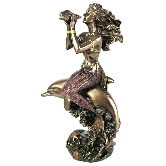 8" Mermaid Sitting on Dolphin Blowing Conch Nautical Fantasy Statue Bronze Color