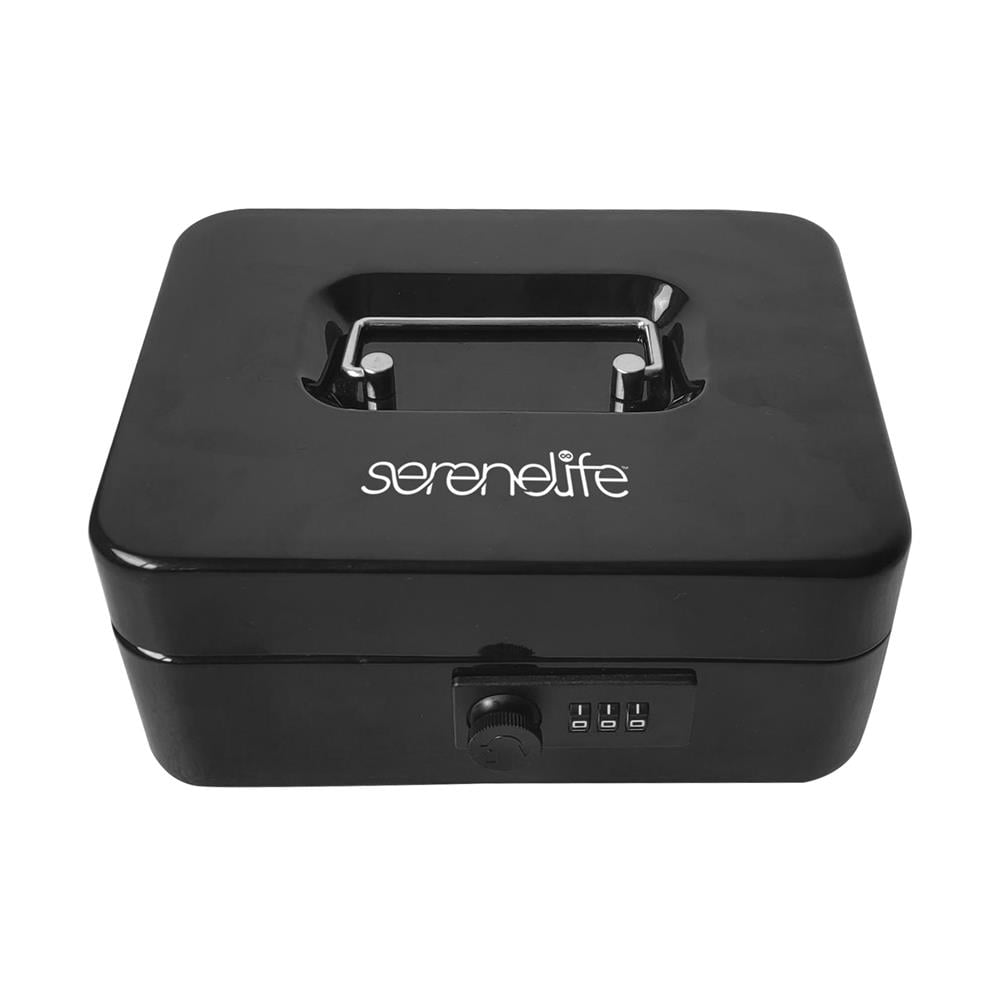 8" Metal Cash Box with Lock, Cash Safe with Money Tray and Secure Lock (Black)