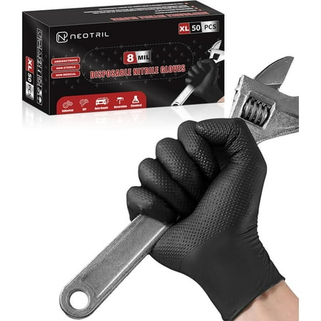 8 Mil Heavy Duty Disposable Nitrile Gloves with Diamond Texture Grip Rubber Latex & Powder Free