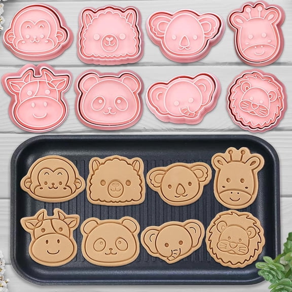 8 Mini Animal Cookie Cutters Set, 3D Raised Design Animal Embossing Stamps, Monkey, Alpaca, Koala, Giraffe, Cow, Panda, Elephant, Lion, Baking Molds (Forest-5)