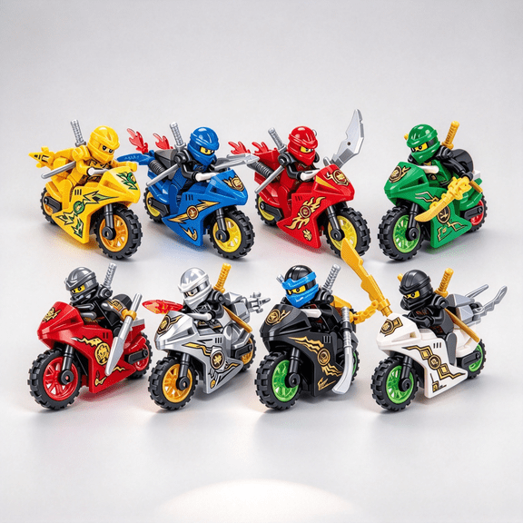 8 Minifigures & 8 Motorcycles Building Blocks Set, 16-Piece Creative Toy with Action Figures and Vehicles, Gift for Boys & Girls