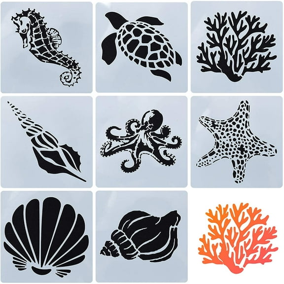 8 Mixed Sea Animals Stencils Set 5.1x5.1 Ocean Creatures Painting Templates for DIY DIY Art Crafts Scrabooking (Starfish Conch Seahorse Coral Shell Designs)