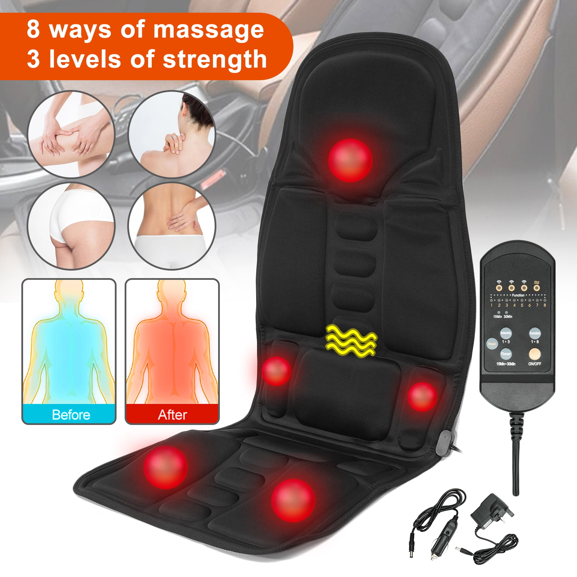 Vibrating Back Massager with Heat Chair Pad Rolling Massage Seat Cushion  Electric Heating Massager Thermal Back Massager for Home Car Use