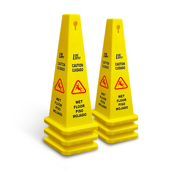 8 NET 6-Pack Heavy Duty 36 Bright Yellow Caution Wet Floor Cones, 4-Sided Bilingual Caution Sign, Wet Floor Imprint| Cuidado Piso Mojado| Avoid Fall & Slip Accident