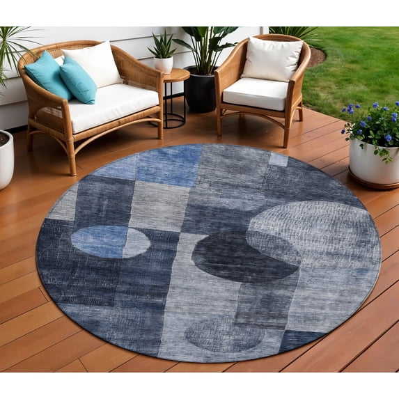 8' Navy Blue Gray And Charcoal Round Geometric Washable Indoor Outdoor Area Rug