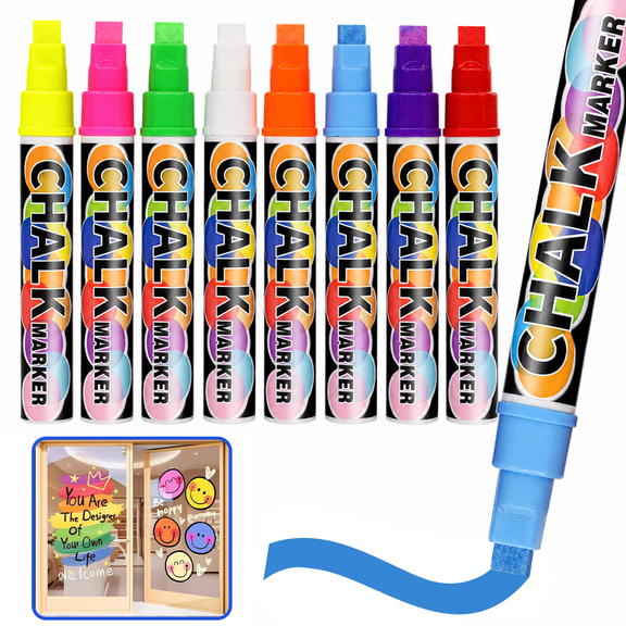 8 Neon Colors Window Chalk Markers for Cars Washable - 10mm Jumbo Liquid Chalk Markers with Thick Tips, Dry Erase Markers for Blackboard, Glass, Auto, Bistro, Mirror, Poster, Business