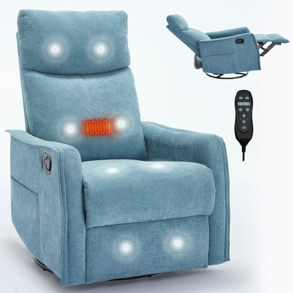 8-Node Full-Body Massage Recliner with Heat Therapy & 360° Swivel Rocker, Manual Adjustable Blue Living Room Chair for Muscle Relief