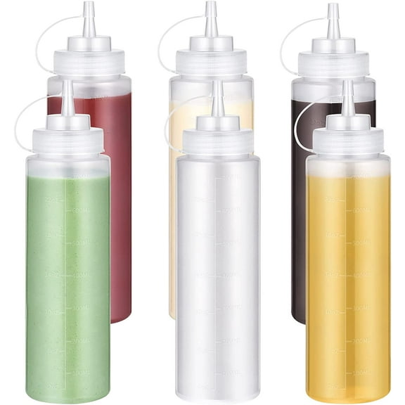 8 OZ Condiment Squeeze Bottles with Twist on Caps and Measurement, Leak Proof Squirt Reusable Plastic Sauces Oil Container Dispenser for Ketchup, BBQ, Grilling, Salad Dressing (Pack of 6)