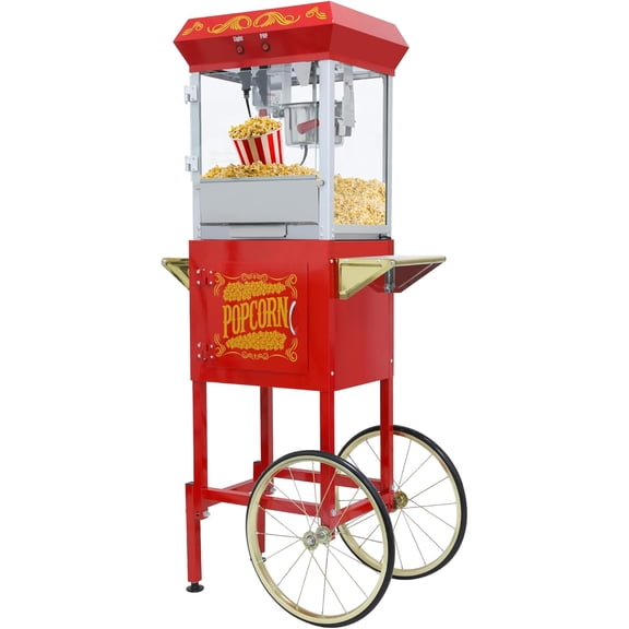 8 OZ Popcorn Cart Machine on Wheels, 650W Popcorn Maker for 32 Cups Popcorn Per Batch, 2-Switch Control Vintage Theater Popcorn Machine with Tempered Glass Doors & 1 Scoop 2 Spoons(Red)