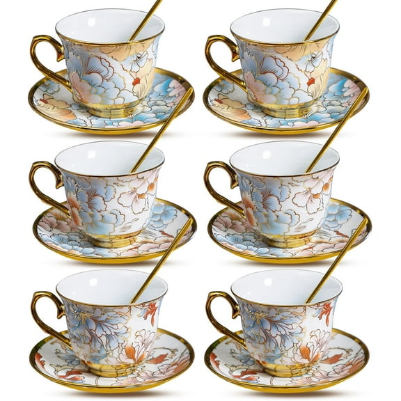 8 OZ Tea Cups and Saucers, 18 PCS Ceramic Vintage Tea Cups Set of 6, Blue Floral Cup Bulk for Cappuccino Coffee Espresso Lattes Afternoon Tea Housewarming Party Supply Thanksgiving Christmas Gifts