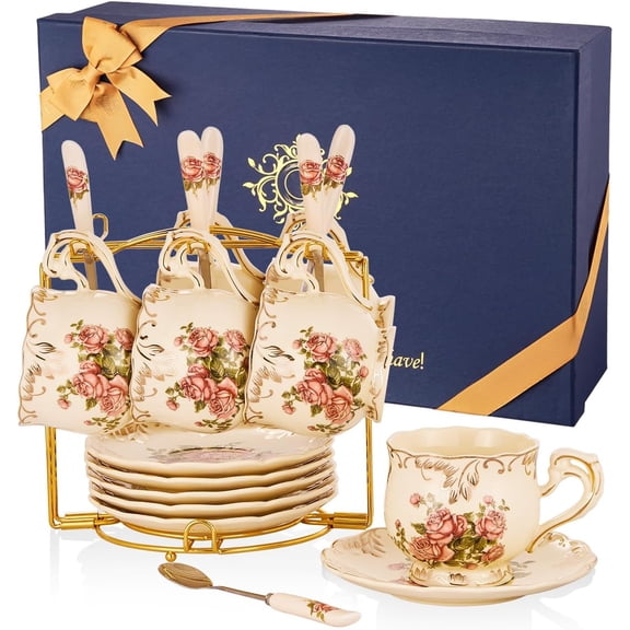 8 OZ Tea Cups and Saucers Set of 6, Ivory Porcelain Tea Cups Set with Stand, Rose with Gold Leaves Trim Design, Gift for Women (Includes Gift Box, Tote Bag, Greeting Card)